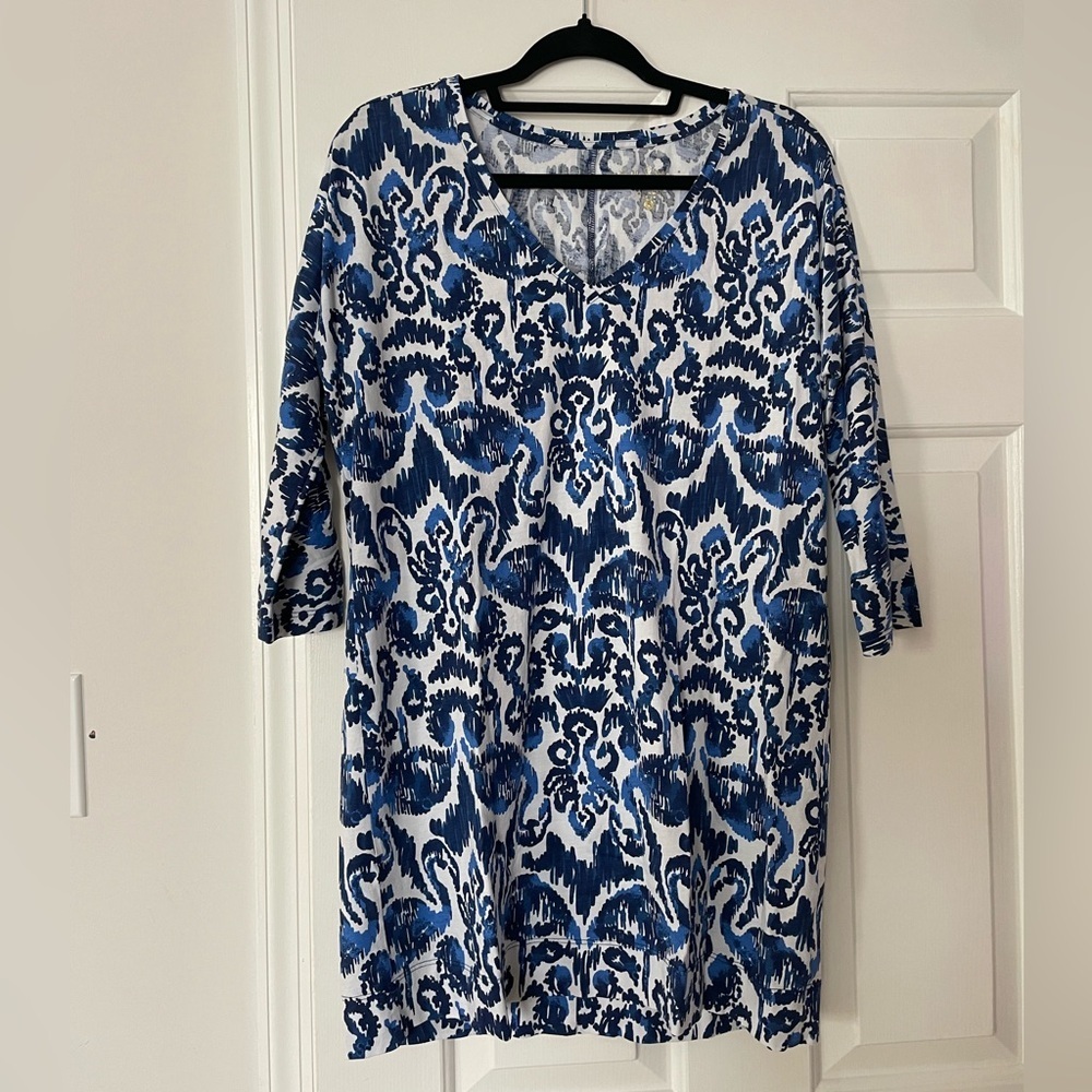 Lilly Pulitzer Cori Dress Blue White Ikat Print 3/4 Sleeve V-Neck Shift Tunic S